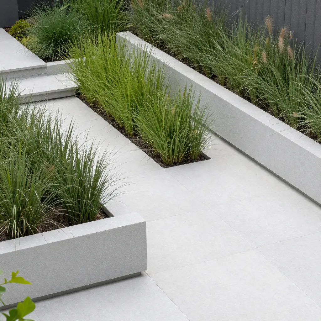 Curated garden deck with architectural planters and grasses