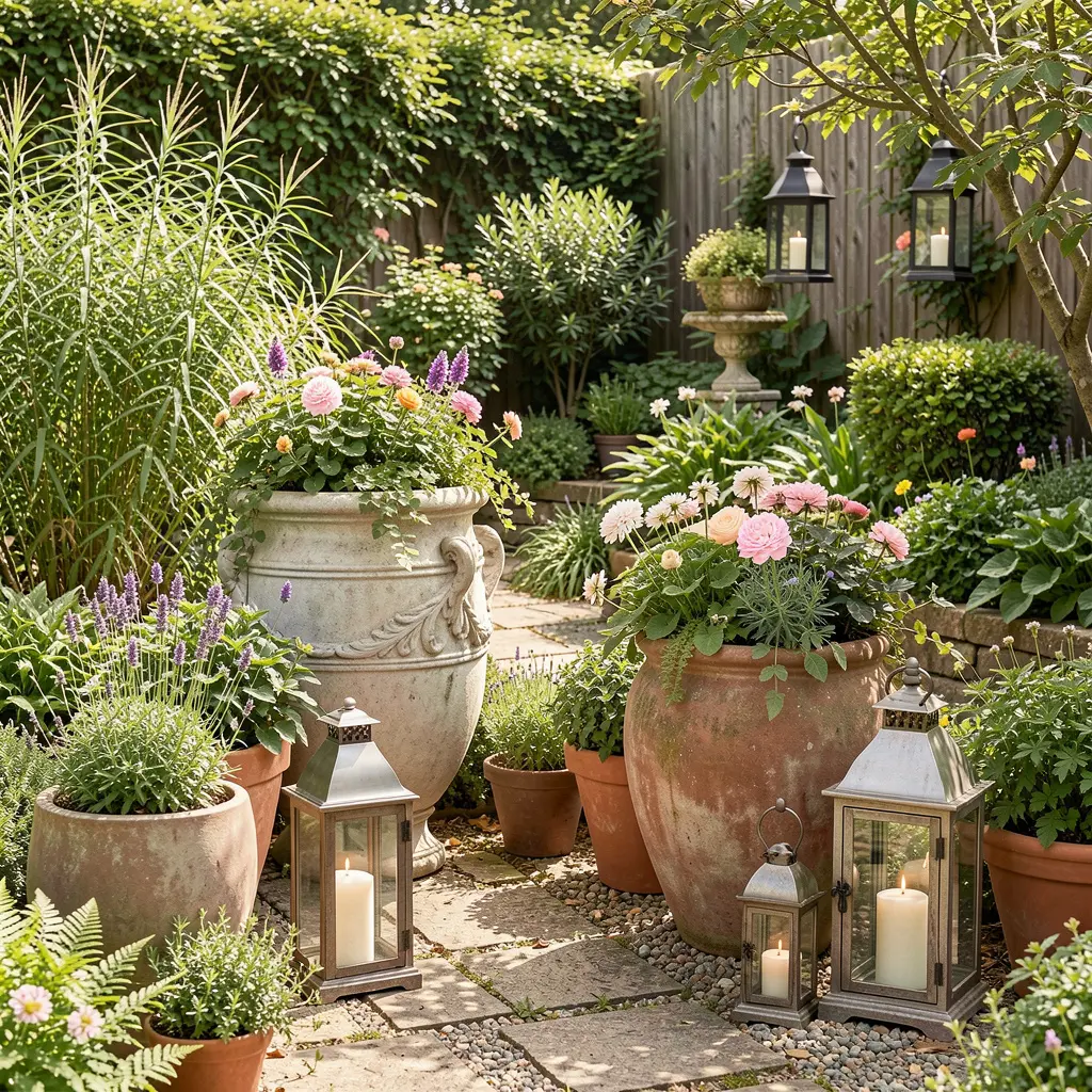 Arranged garden decor collection with planters and lanterns