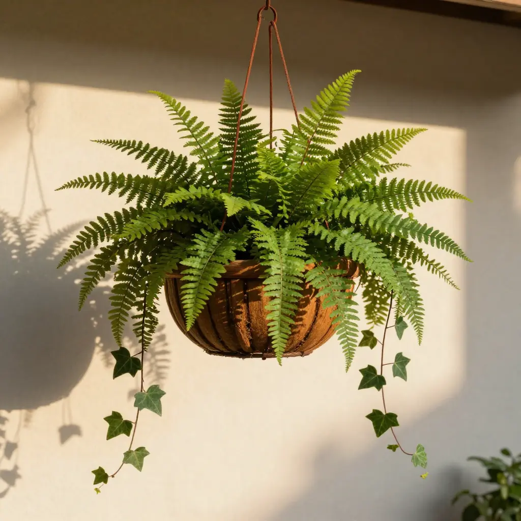 Decorative hanging baskets with lush greenery